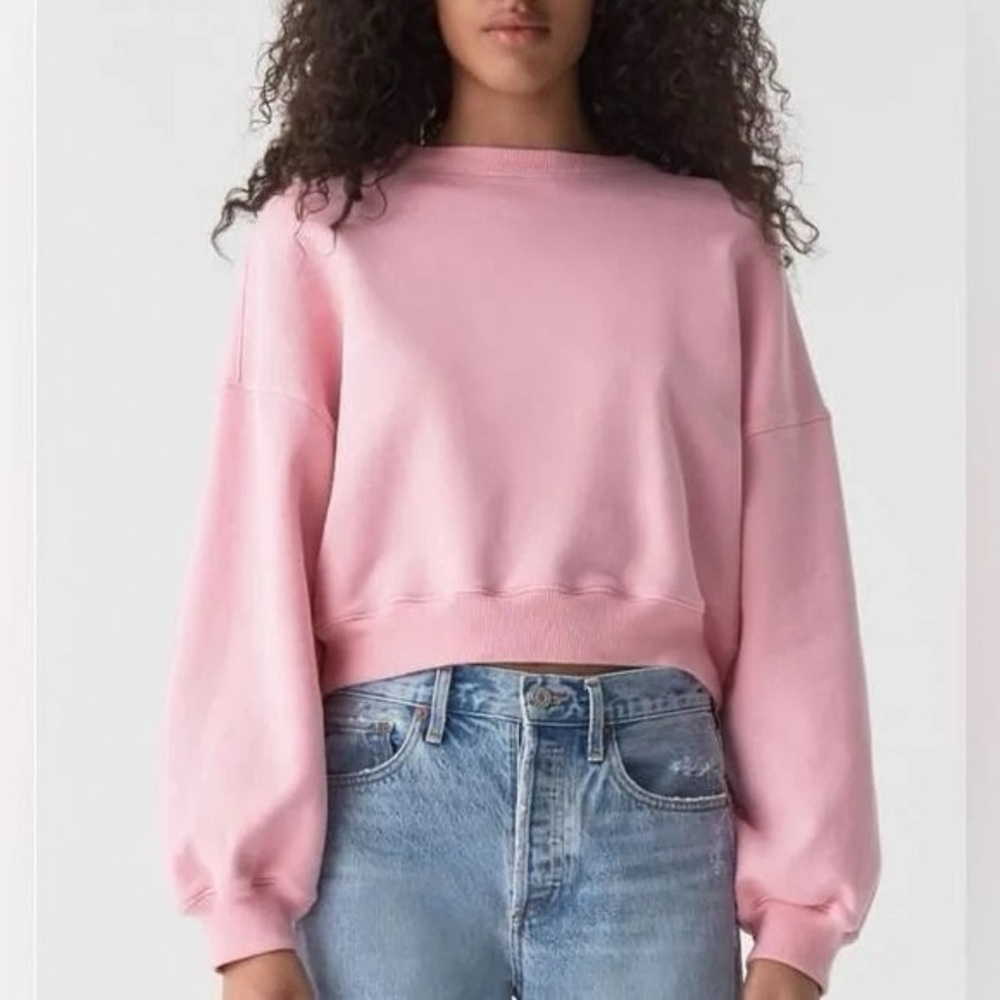 AGoldE Pink Balloon Sleeve Crewneck cropped Sweatshirt, small white